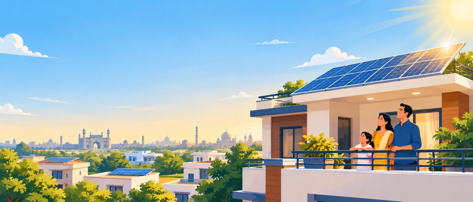Family on a Lucknow rooftop with solar panels